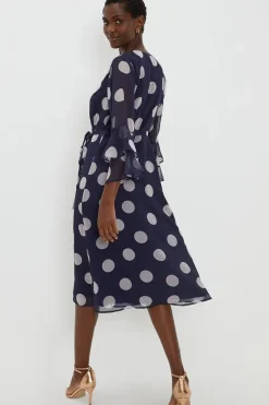 Navy Spot Flute Sleeve Wrap Dress