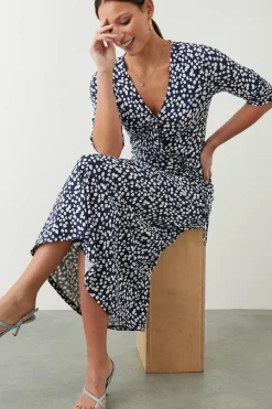 Navy Spot Print Wrap Midi Dress