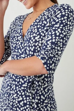 Navy Spot Print Wrap Midi Dress
