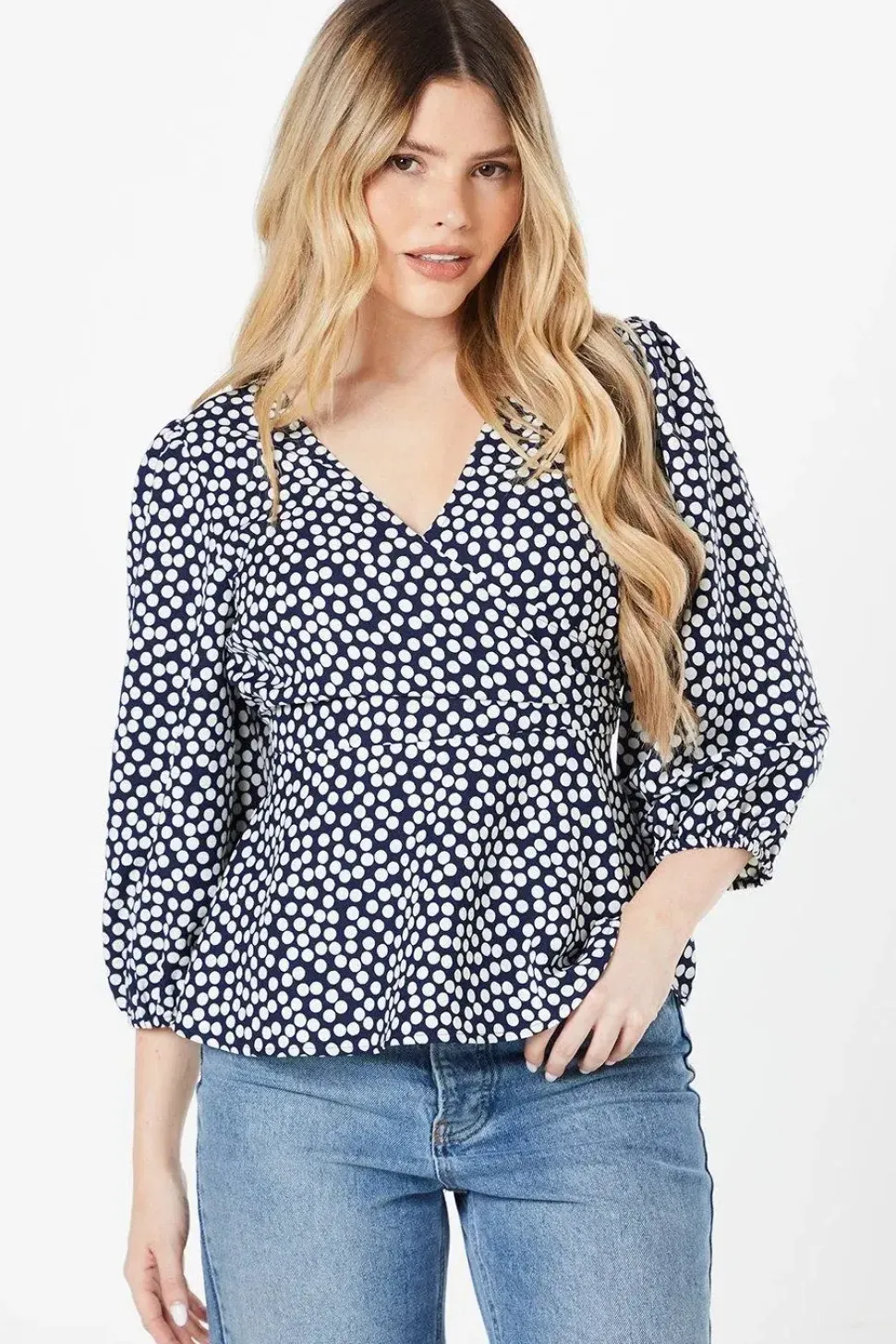 Navy Spot Wrap Blouse