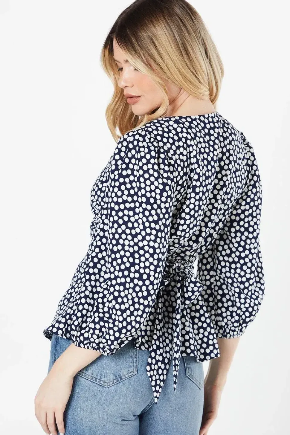 Navy Spot Wrap Blouse