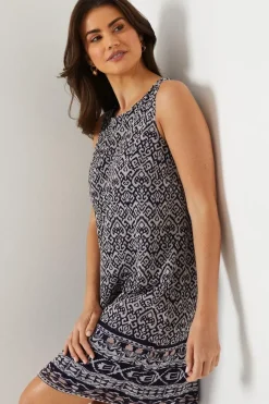 Navy Tile Border Print Sleeveless Shift Dress