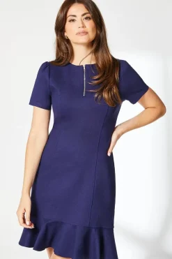 Navy Zip Front Ponte Shift Dress