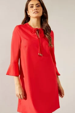 Neck Tie Flute Sleeve Shift Dress