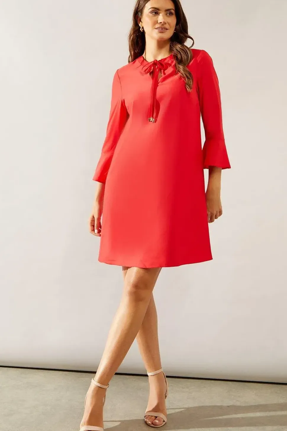 Neck Tie Flute Sleeve Shift Dress