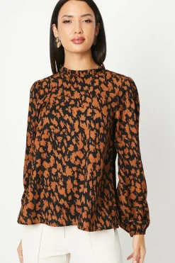 Neutral Abstract Print Blouson Sleeve Top