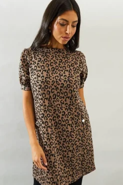 Neutral Short Sleeve Jacquard Ponte Shift Dress