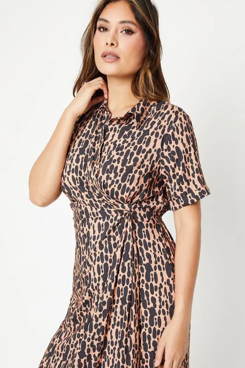 Neutral Spot Drape Shirt Dress