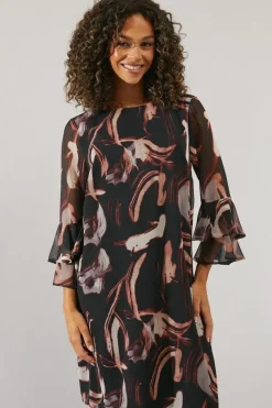 Neutral Swirl Print Flute Sleeve Shift Dress