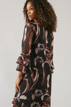 Neutral Swirl Print Flute Sleeve Shift Dress