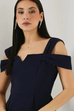 Notch Neck Bardot Detail Crepe Pencil Dress