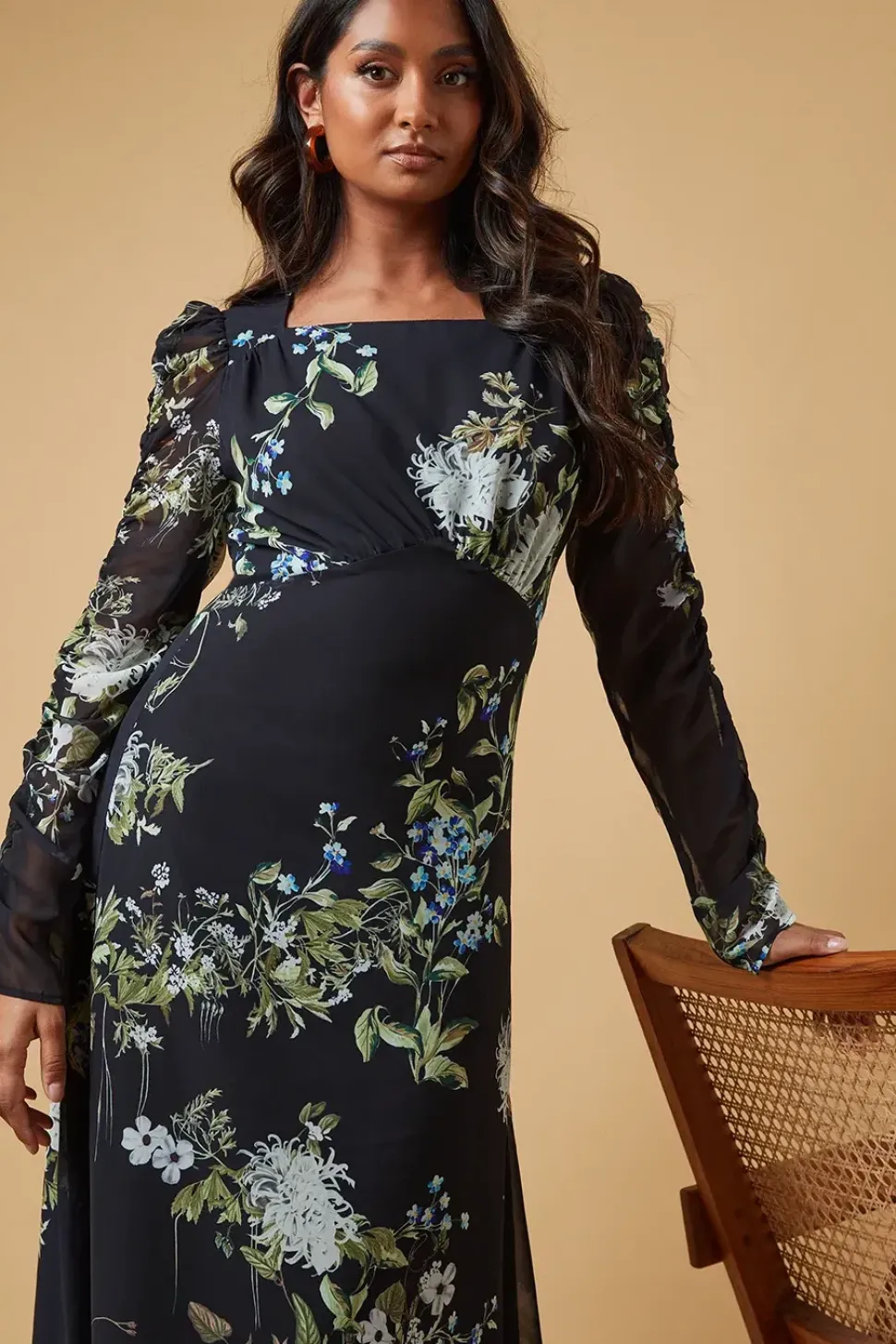 Occasion Abstract Floral Ruched Sleeve Midaxi Dress