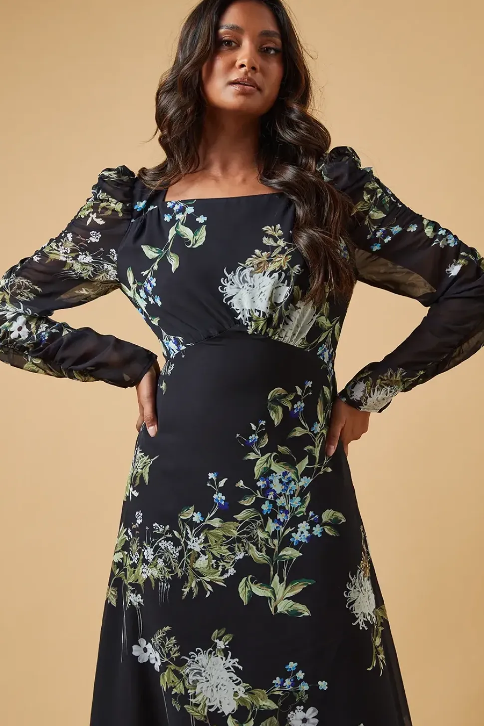 Occasion Abstract Floral Ruched Sleeve Midaxi Dress