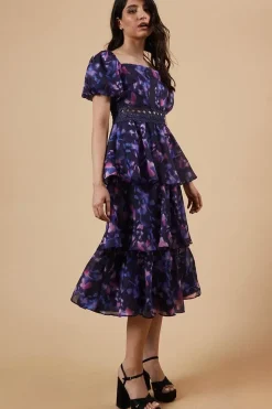 Occasion Abstract Organza Ruffle Midi Dress