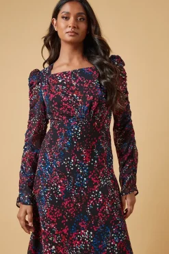 Occasion Abstract Spot Ruched Sleeve Midaxi Dress