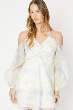 Occasion Blue Floral Organza Cold Shoulder Mini Dress