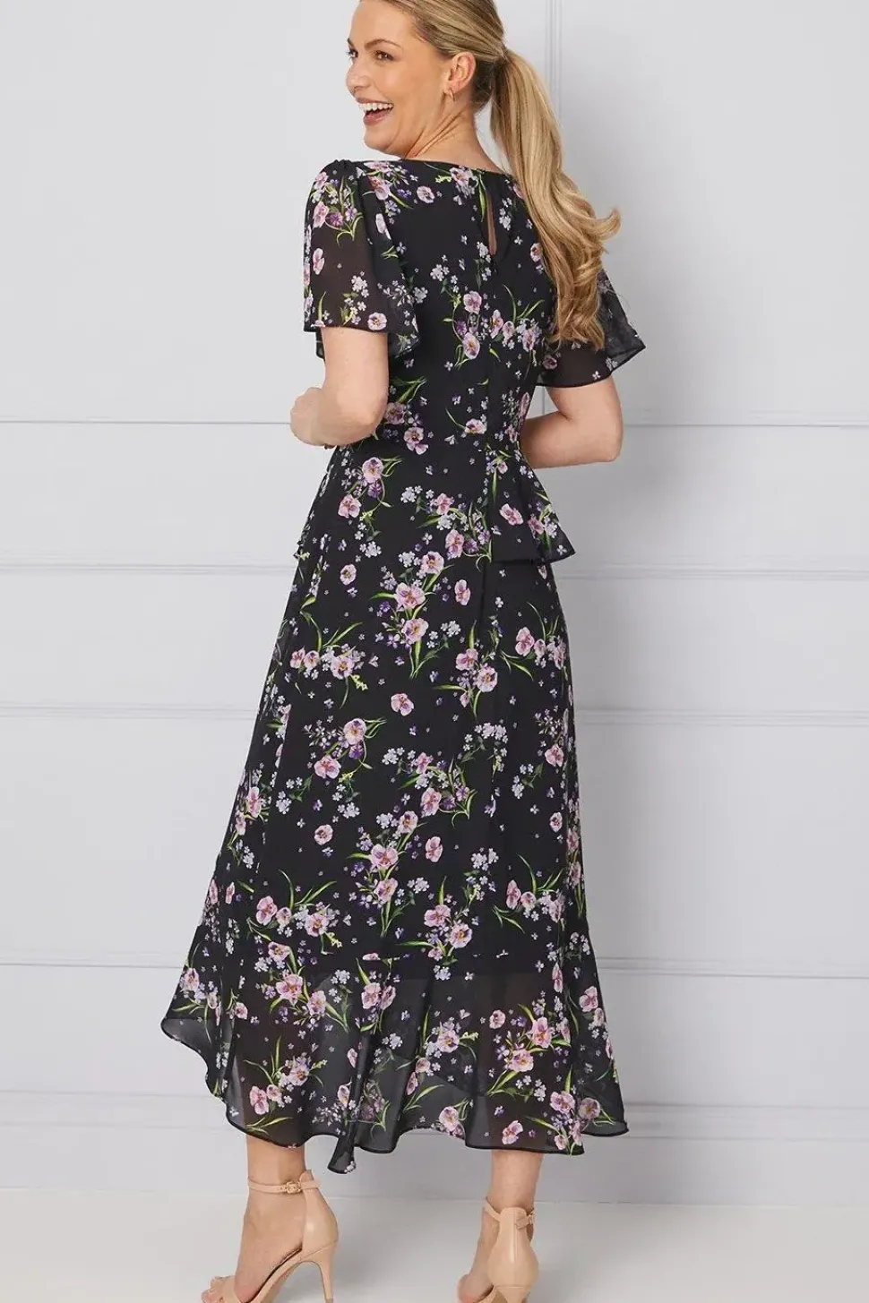 Occasion Ditsy Floral Ruffle Peplum Midi Dress