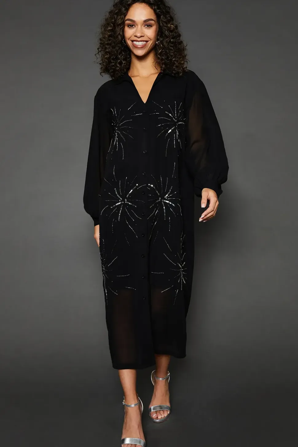 Occasion Embellished Sequin Midi Shirt Dress