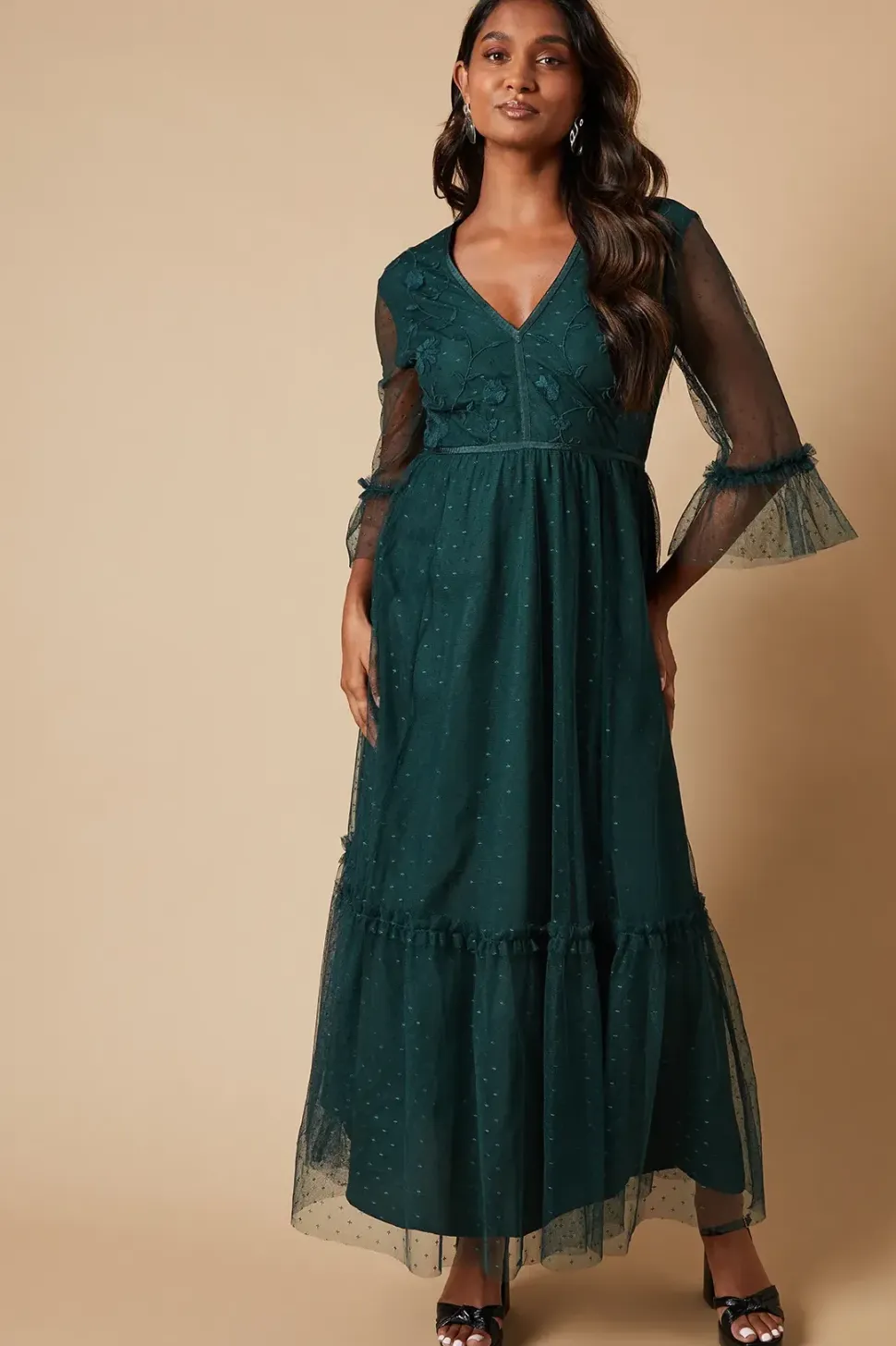 Occasion Embroidered Mesh Tiered Midaxi Dress