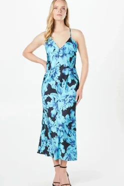 Occasion Feather Print Satin Strappy Midaxi Dress