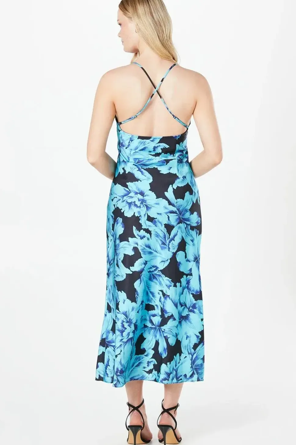 Occasion Feather Print Satin Strappy Midaxi Dress