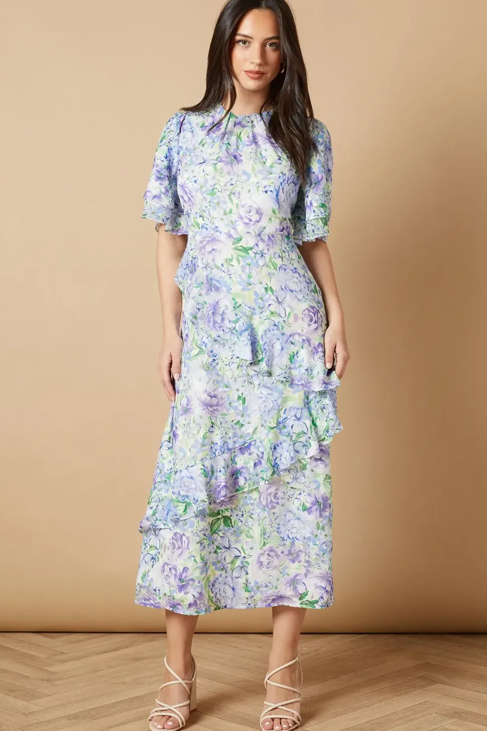 Occasion Floral Asymmetric Ruffle Jacquard Midi Dress