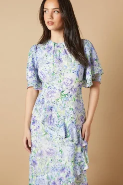 Occasion Floral Asymmetric Ruffle Jacquard Midi Dress