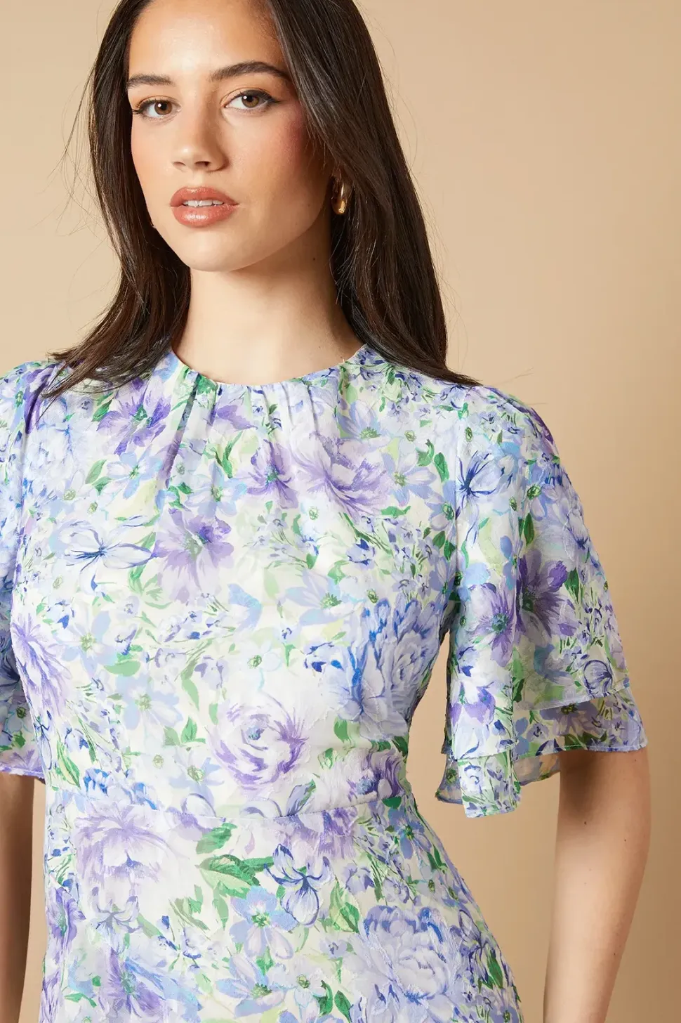 Occasion Floral Asymmetric Ruffle Jacquard Midi Dress