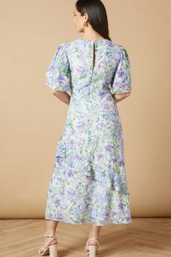 Occasion Floral Asymmetric Ruffle Jacquard Midi Dress