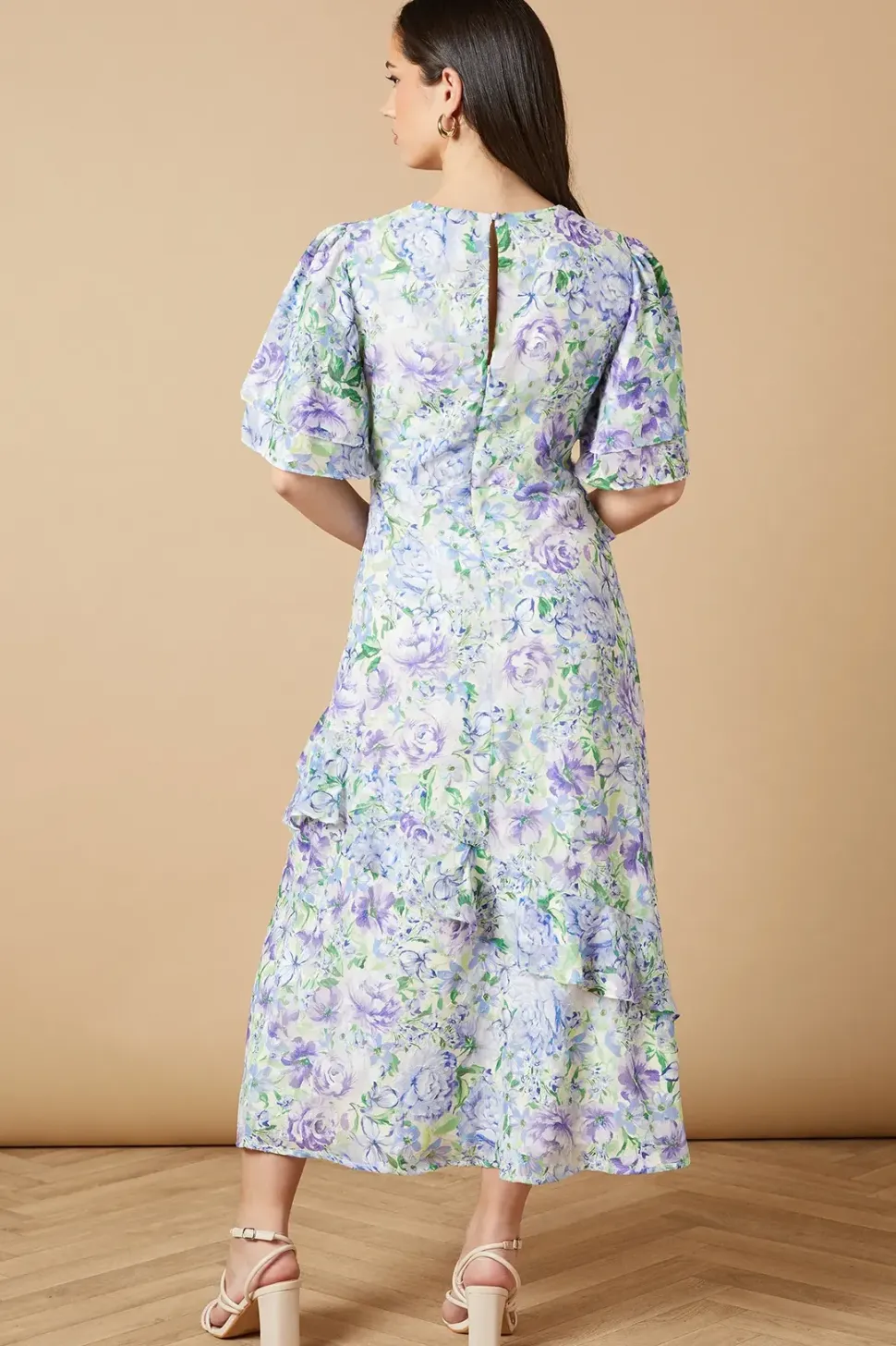 Occasion Floral Asymmetric Ruffle Jacquard Midi Dress