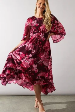 Occasion Floral Cape Ruffle Midi Dress