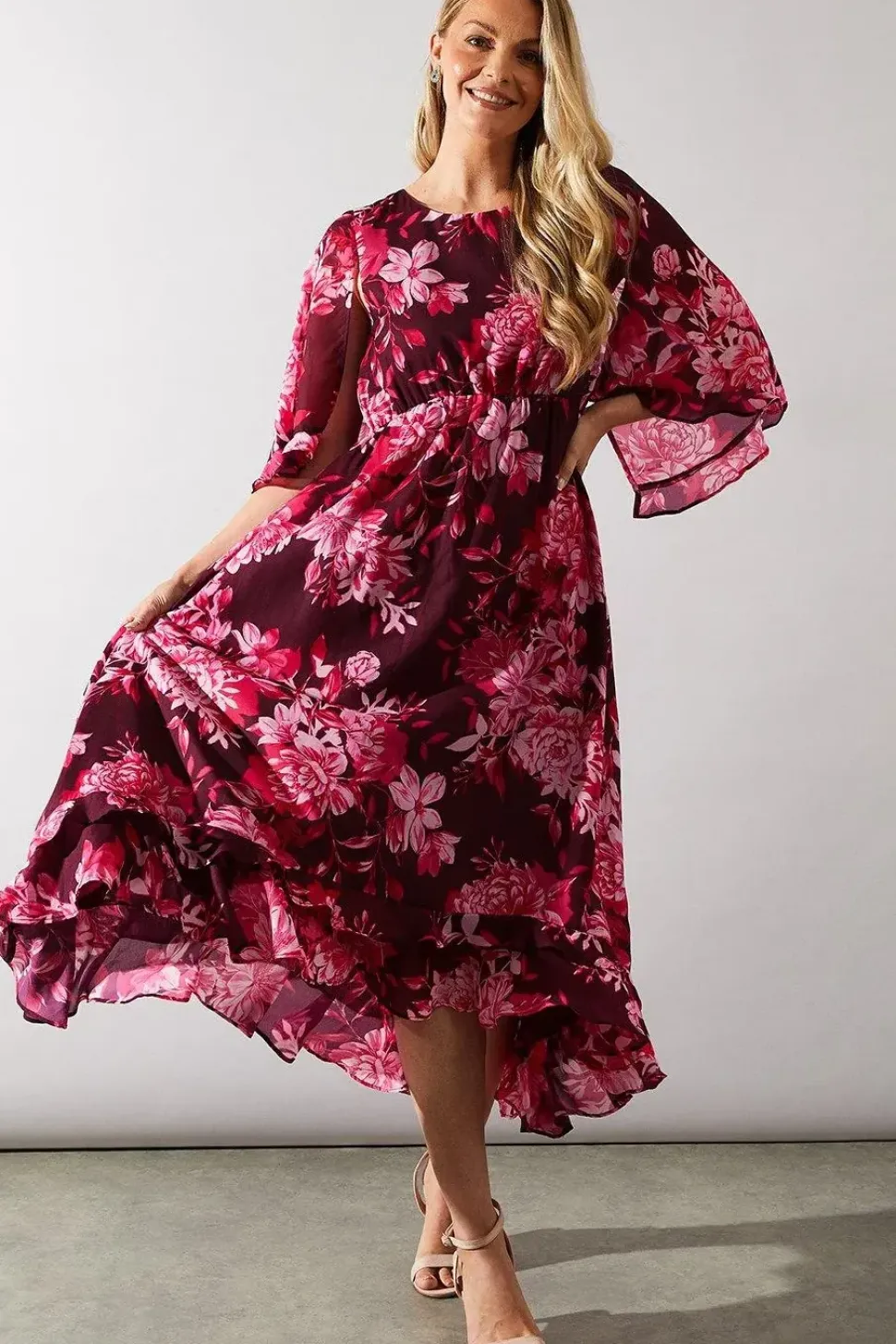 Occasion Floral Cape Ruffle Midi Dress
