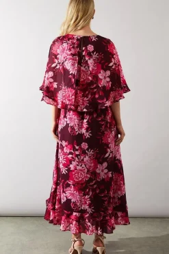 Occasion Floral Cape Ruffle Midi Dress
