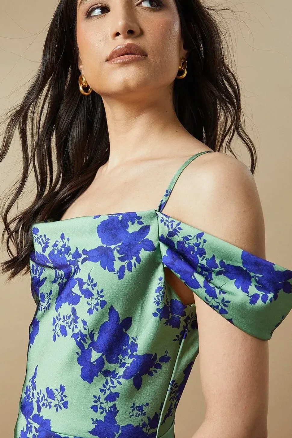 Occasion Floral Cold Shoulder Satin Maxi Dress