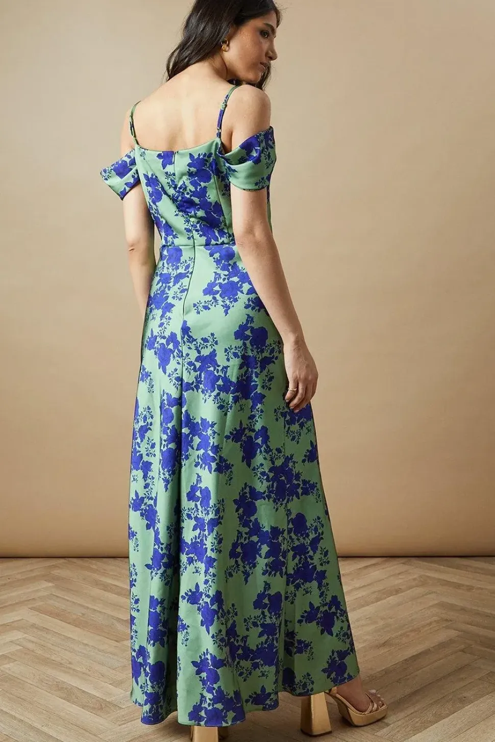 Occasion Floral Cold Shoulder Satin Maxi Dress