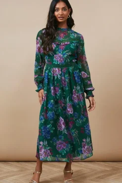 Occasion Floral Glitter Lace Trim Midi Dress