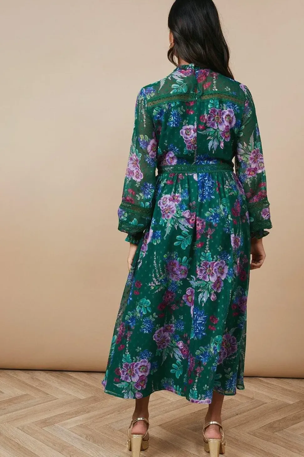 Occasion Floral Glitter Lace Trim Midi Dress