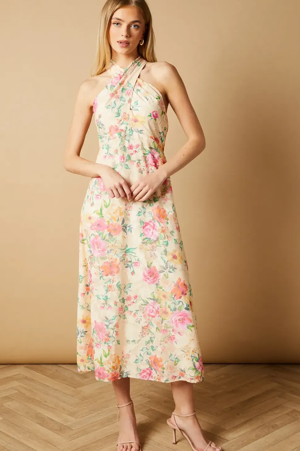 Occasion Floral Halterneck Jacquard Midi Dress