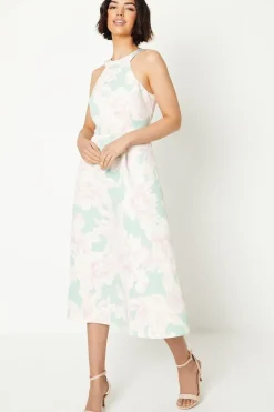 Occasion Floral Halterneck Twill Midi Dress