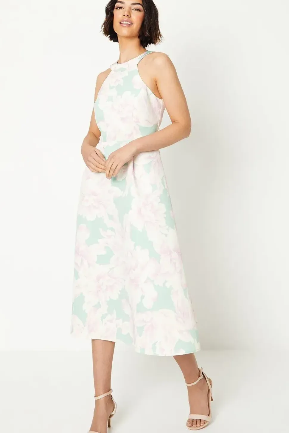Occasion Floral Halterneck Twill Midi Dress