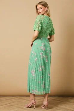 Occasion Floral Lace Bodice Pleated Midi Dress