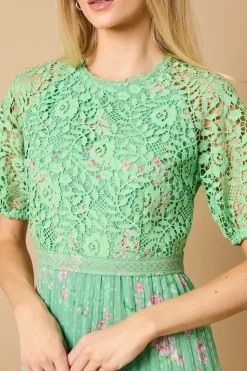 Occasion Floral Lace Bodice Pleated Midi Dress