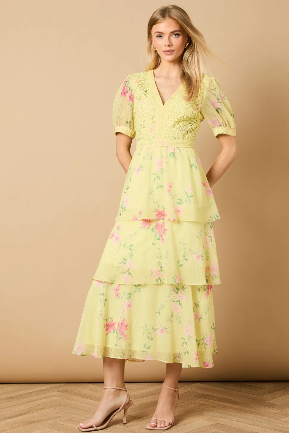 Occasion Floral Lace Bodice Tiered Midi Dress