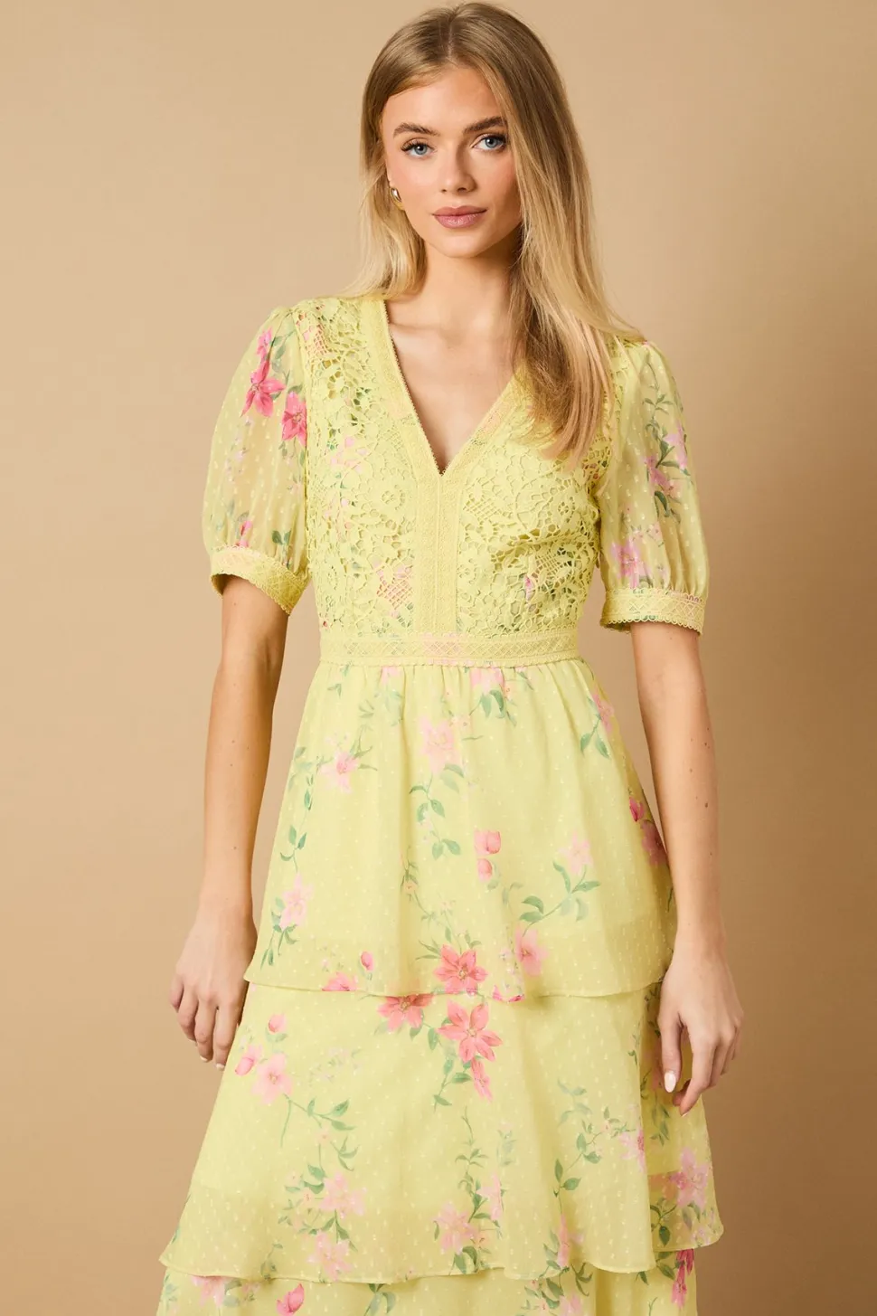 Occasion Floral Lace Bodice Tiered Midi Dress