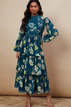 Occasion Floral Lace Trim Dobby Chiffon Tiered Midaxi Dress