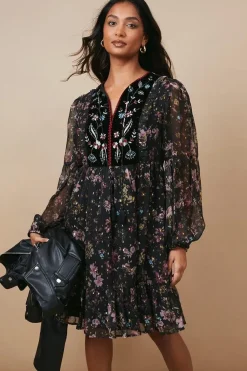 Occasion Floral Metallic Embroidered Smock Dress