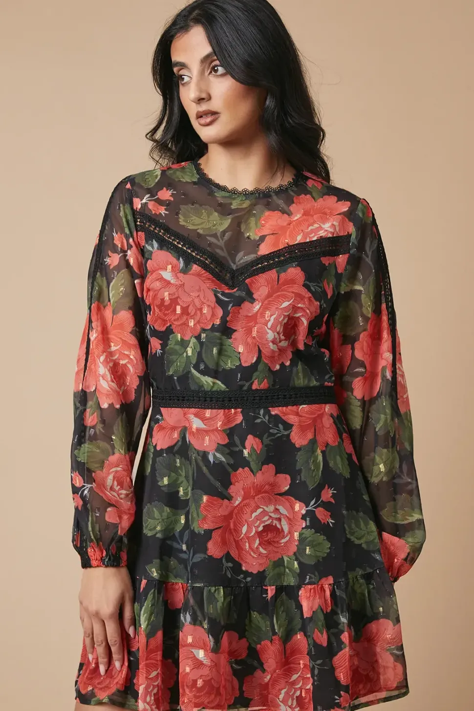 Occasion Floral Metallic Lace Trim Mini Dress