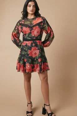 Occasion Floral Metallic Lace Trim Mini Dress