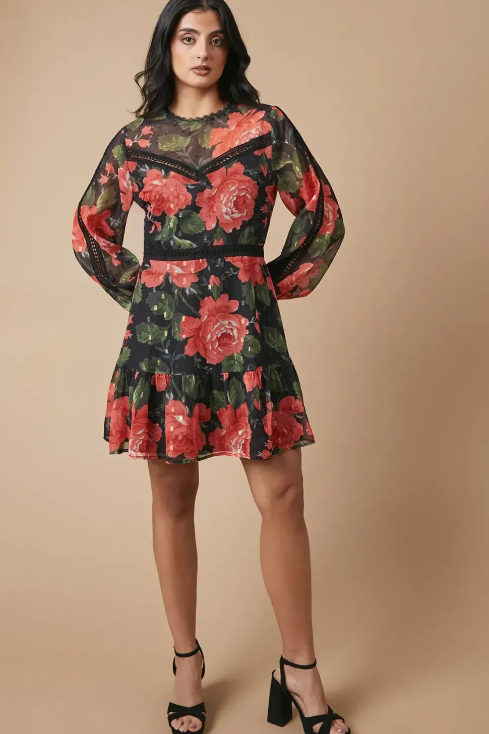 Occasion Floral Metallic Lace Trim Mini Dress