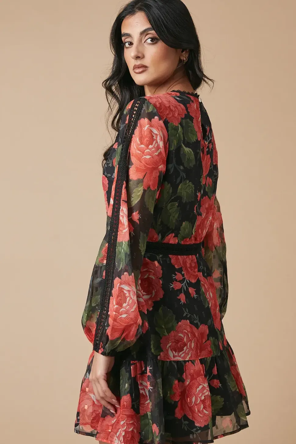 Occasion Floral Metallic Lace Trim Mini Dress